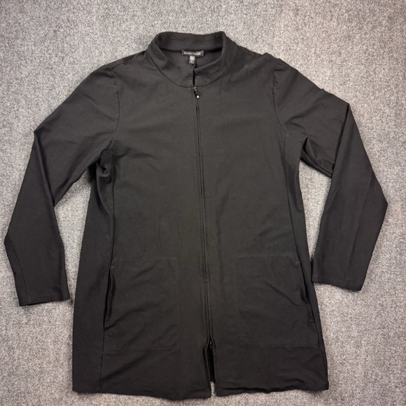 Eileen Fisher Womens Size Medium Stretch Full Zip Long Jacket Black - Picture 1 of 7